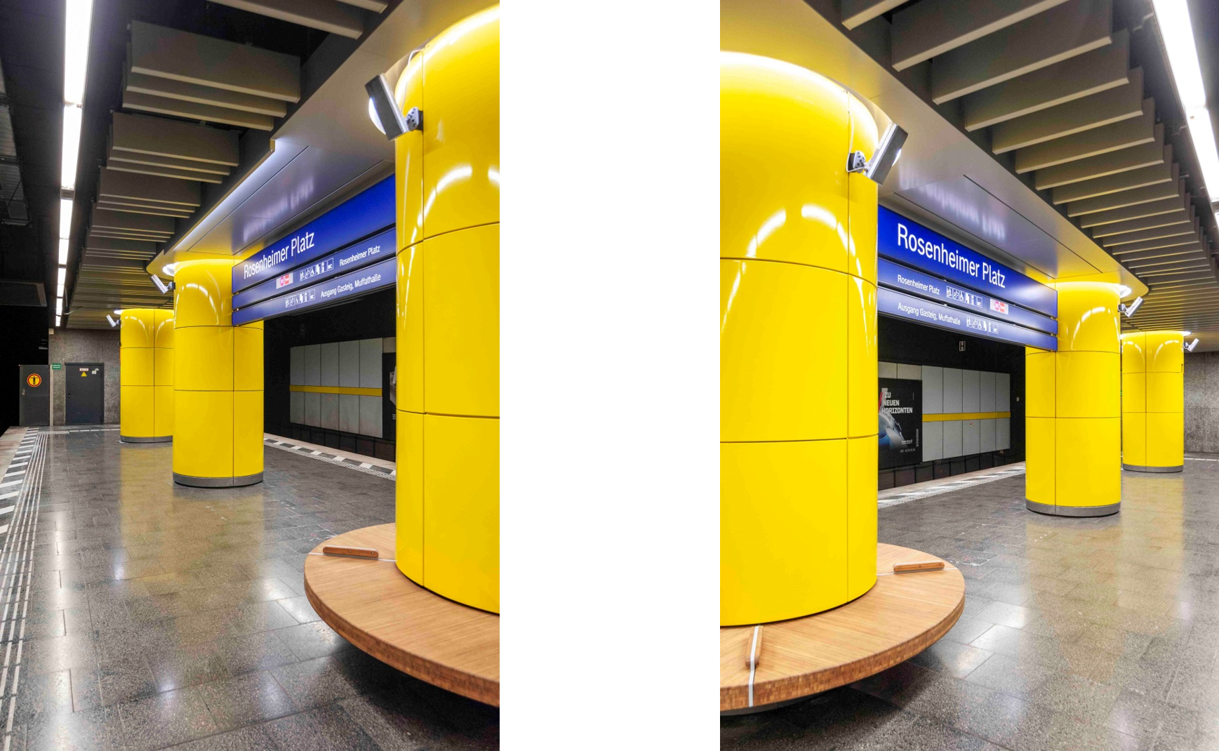 Gelbe Säulen an einem Bahnsteig am Rosenheimer Platz, um die Sitzgelegenheiten gebaut sind.